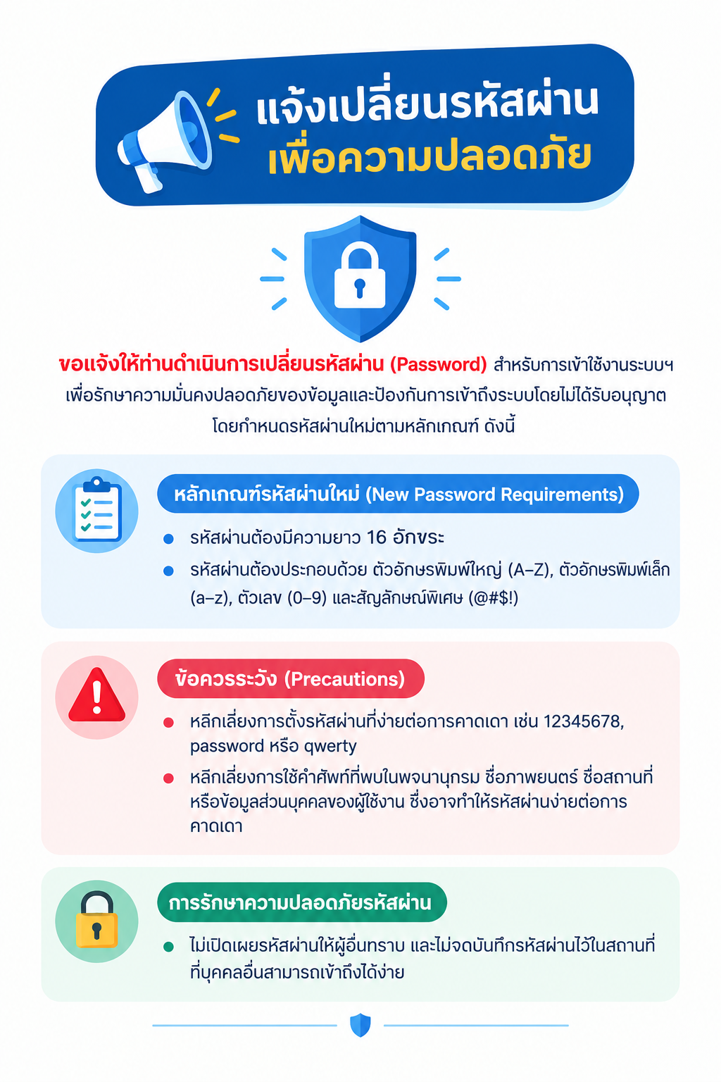ประกาศแจ้งเปลี่ยนรหัสผ่านเพื่อความปลอดภัย